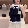 【dropshipping】 girls' autumn outfit: designer-inspired tweed-style top with lace trim and flared pants two-piece set