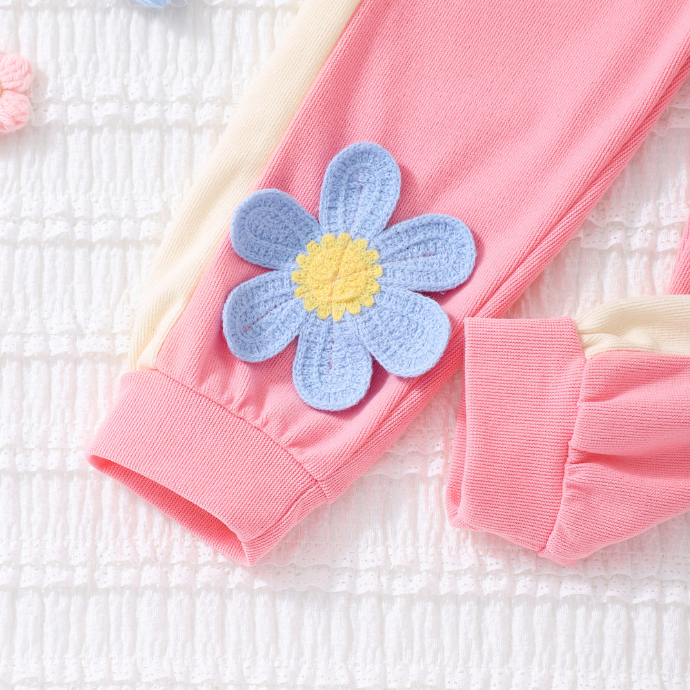 Two-piece set for young girls (elementary school age): 3d floral patchwork hooded long-sleeve sweatshirt set