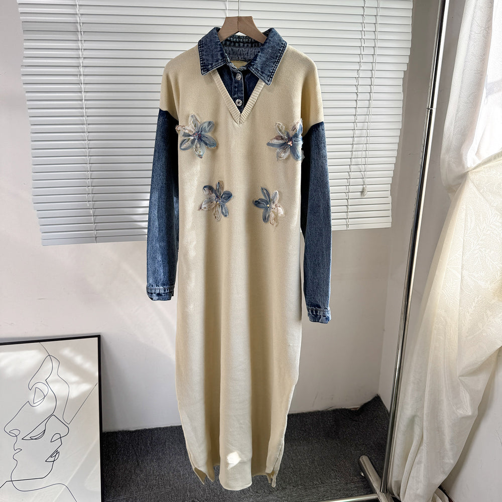 2025 fall/winter new arrival: denim patchwork knit faux two-piece collared dress with floral beaded embellishments - women's maxi dress