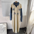 2025 fall/winter new arrival: denim patchwork knit faux two-piece collared dress with floral beaded embellishments - women's maxi dress