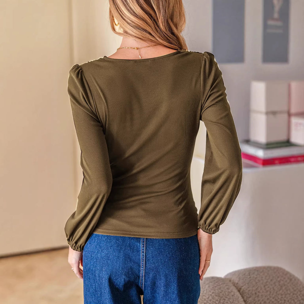 Amazon cross-border new arrival women's cross-collar topsv neck pleated waist hot girl pure colorslimming looklong sleevestops