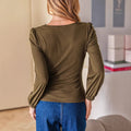 Amazon cross-border new arrival women's cross-collar topsv neck pleated waist hot girl pure colorslimming looklong sleevestops