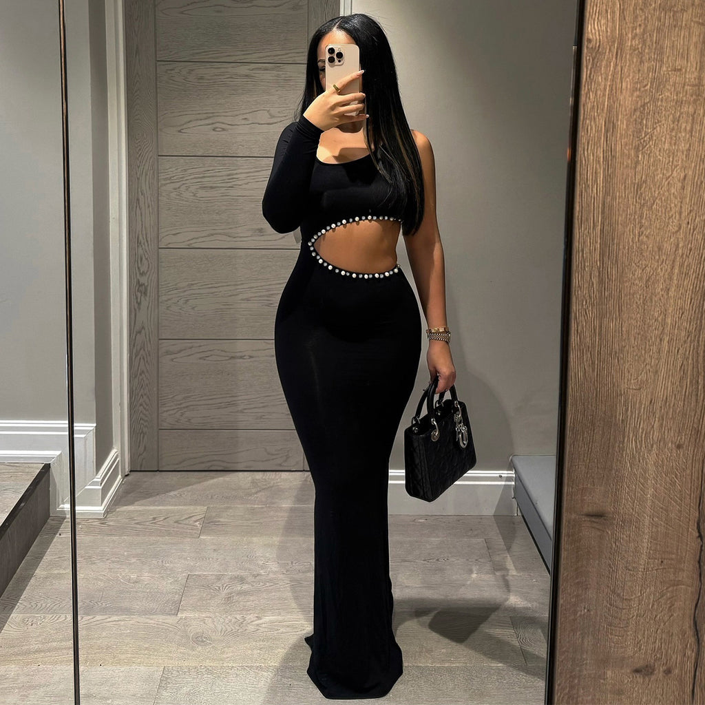 041825DB Freet 2025 summer new product personality trend exposed button drilling European and American unilateral sleeve dress women