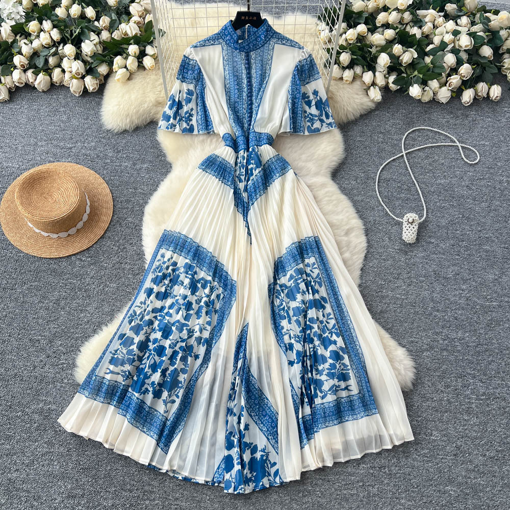 French court style printed dress - women's summer pleated stand collar slimming design, exquisite and stunning maxi dress