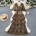Frenchv neck green pleated dress women's summer k-style waist slimming look a-line cake long skirt dopamine style