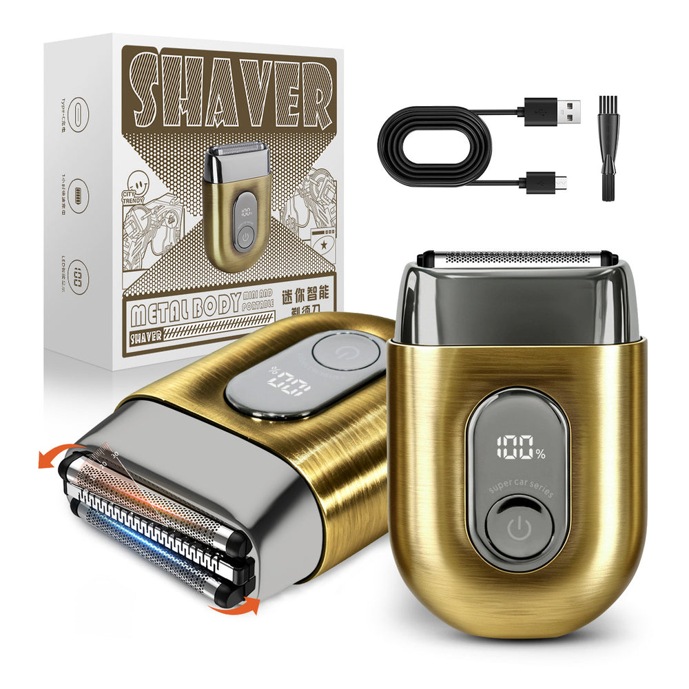 Alloy mini electric shaver with digital display, reciprocating magnetic three-blade head, full body washable, car-mountable portable razor