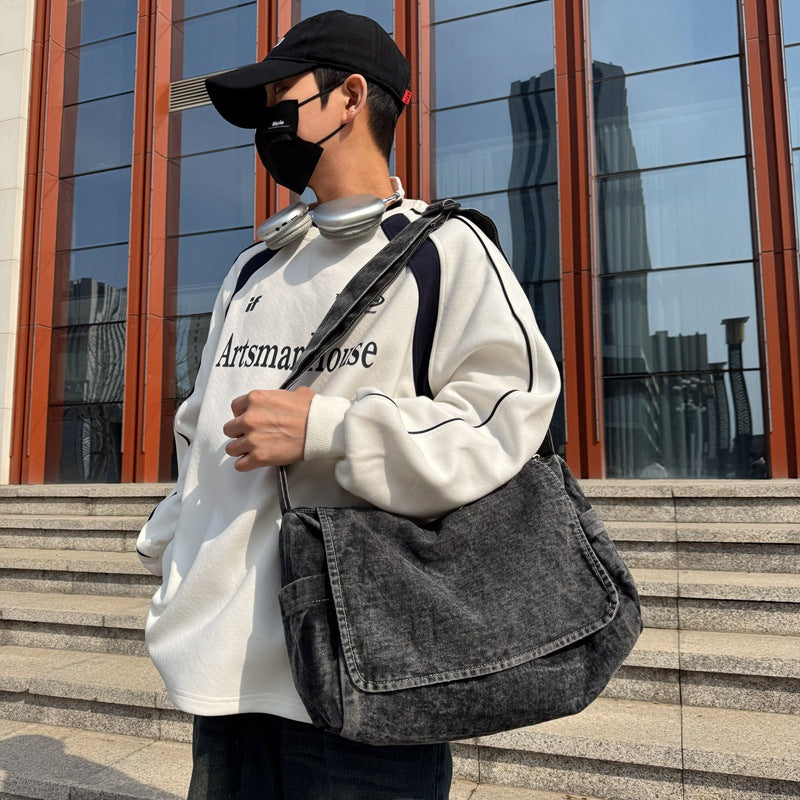New large-capacity denim messenger bag women's retro mailman bag simple and trendy student commuter casual shoulder bag