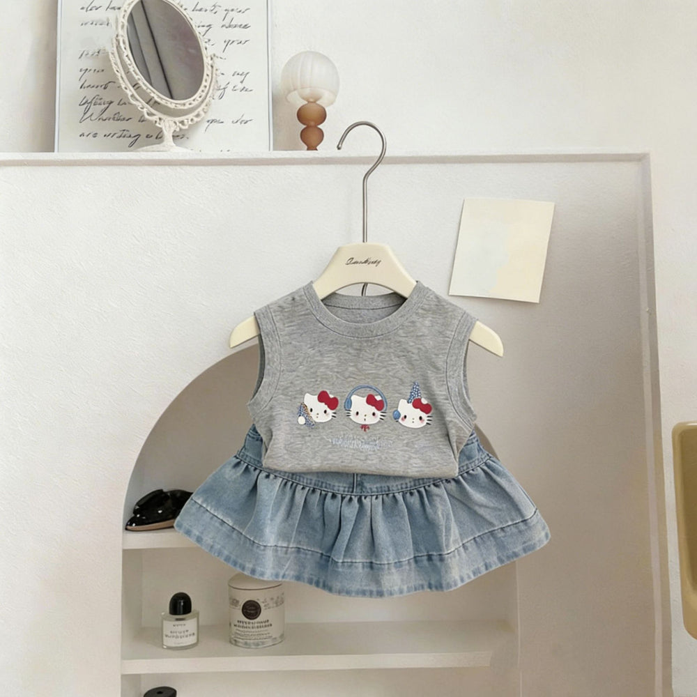 Girls'  summer comfortable cartoon cat tank top set, baby girl casual sweet denim skirt two-piece outfit