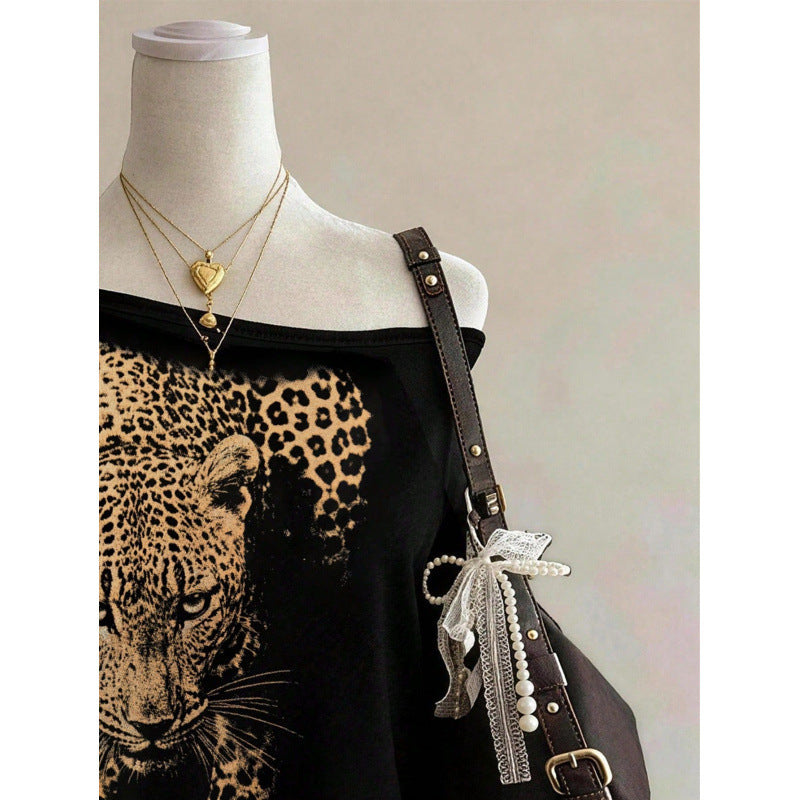 fashion style off-shoulder short-sleeved t-shirt women's leopard print printinglooseslimming looksummernew arrivalfashioneasiest for matchtops