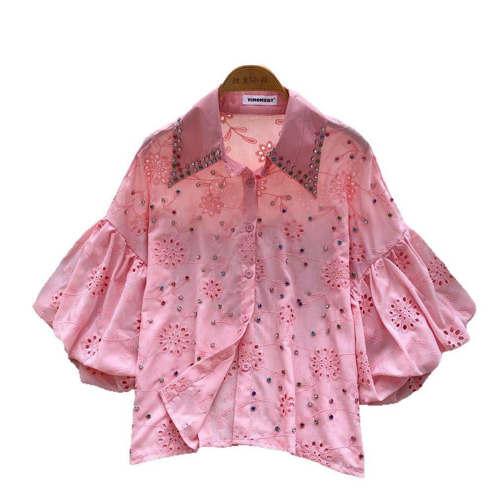 French chic court style blouse - women's fashionable, heavily embellished, rhinestone-studded, cutout embroidery, lantern sleeve top - versatile shirt