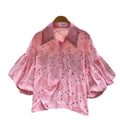 French chic court style blouse - women's fashionable, heavily embellished, rhinestone-studded, cutout embroidery, lantern sleeve top - versatile shirt