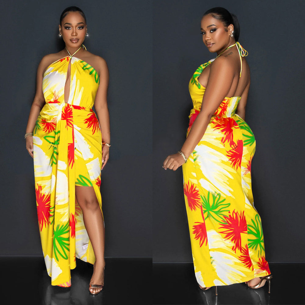 C6921 cross-border   independent station fashionfashion women's backless tie back printing dress length