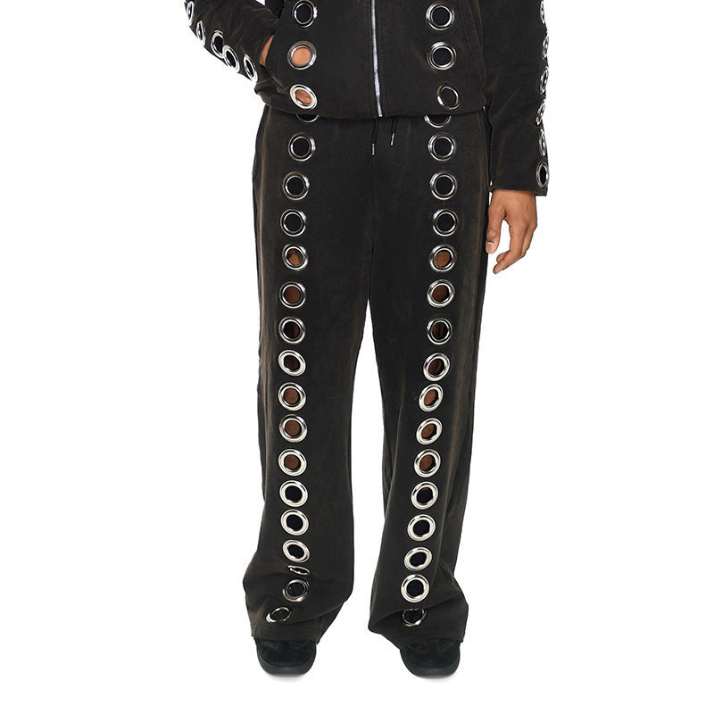 Fashion cross-border trend iron ring cut out men's and women's same style loosecardigan zipper hooded sweatshirt eyelet designsuit