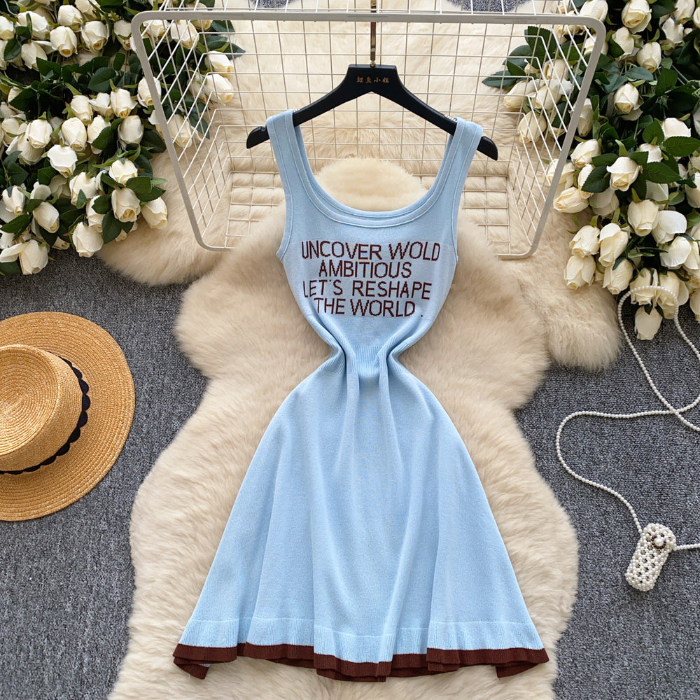 European and american hot girl style letter print cami dress - women's summer u-neck slim fit sheer & sexy petite design unique mini dress