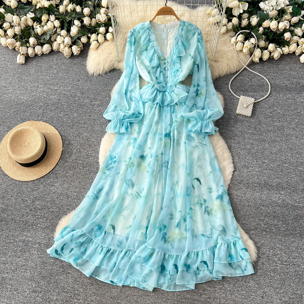 Romantic v-neck lantern sleeve printed dress - women's summer slimming mesh ruffle maxi dress