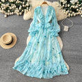 Romantic v-neck lantern sleeve printed dress - women's summer slimming mesh ruffle maxi dress