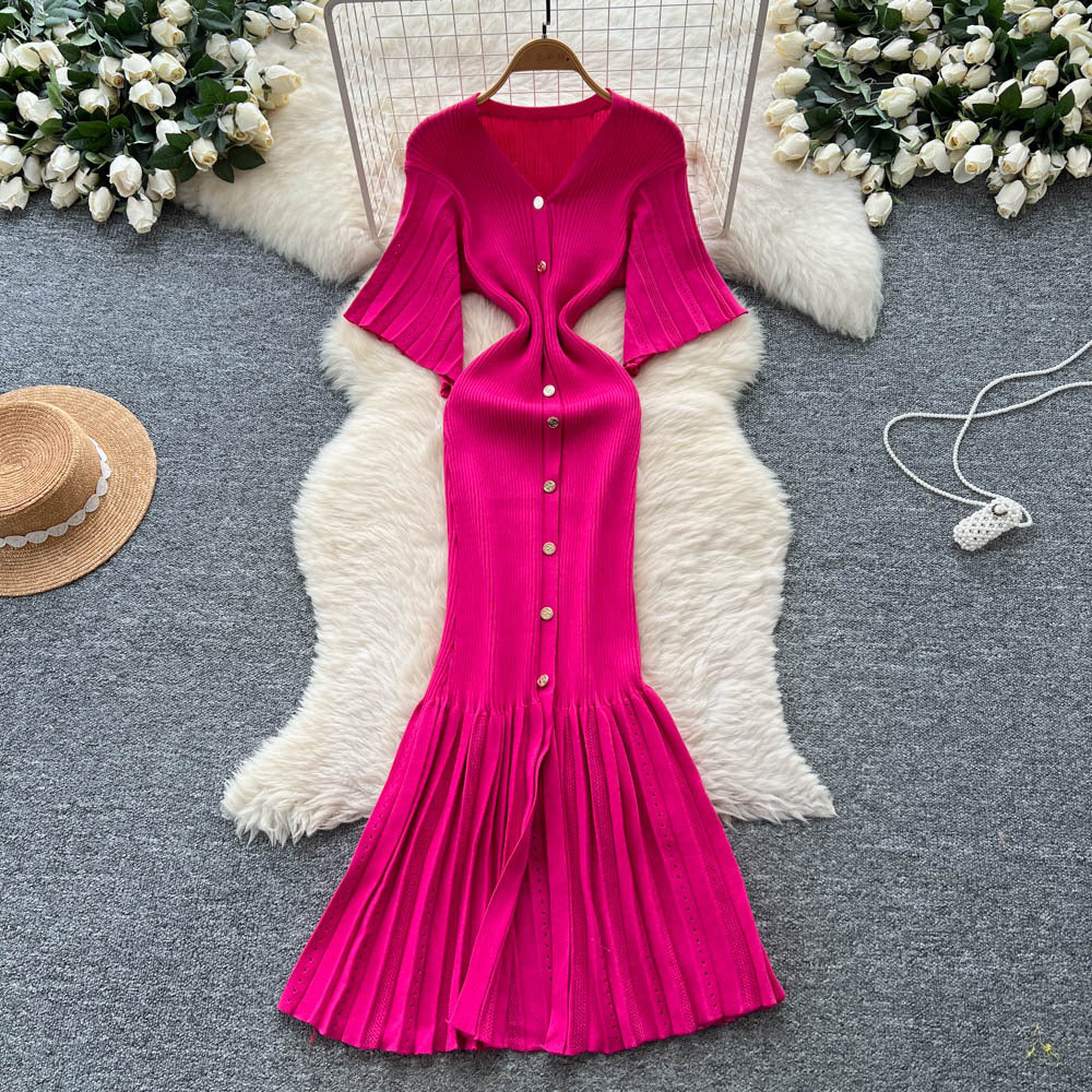 Elegant and chic v-neck metallic buckle slimming dress - women's summer french style cinched waist mermaid knit maxi dress