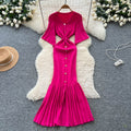 Elegant and chic v-neck metallic buckle slimming dress - women's summer french style cinched waist mermaid knit maxi dress