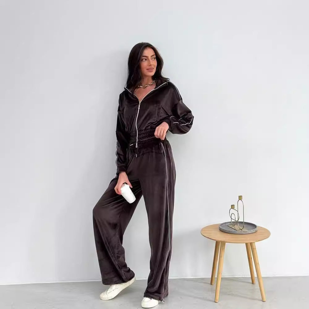 Europe and the United States new women's clothing solid color line long-sleeved lapel sports cardigan trousers suit fashion casual women