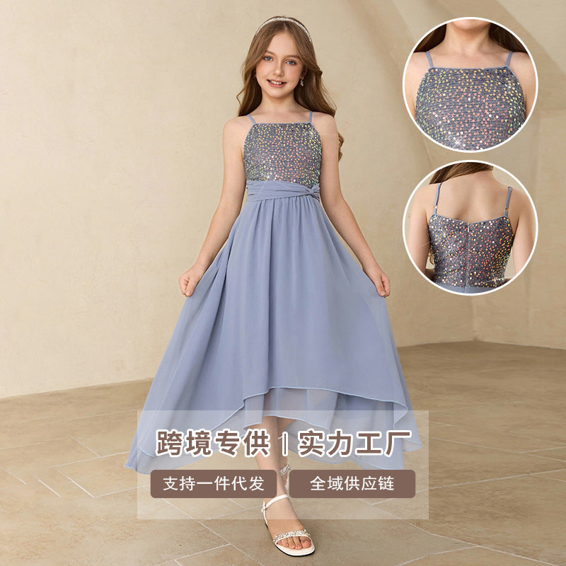 Girls' dress with asymmetrical hem design, suspender skirt, sequin patchwork, big kids' dress, european and american style, cross-border ready stock