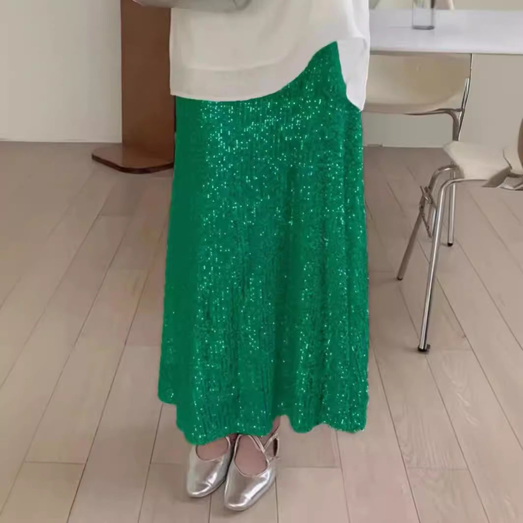 2025 European and American   new fashion sequins elastic high waist lining elastic drape skirt long skirt women