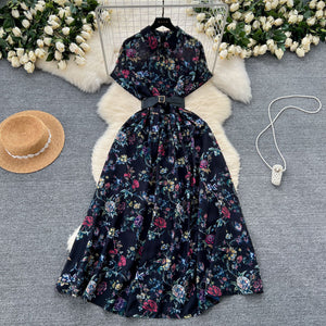 Frenchniche styleclassy light mature style single breasted short sleeve printingshirtdress women's styleretro chiffon skirt