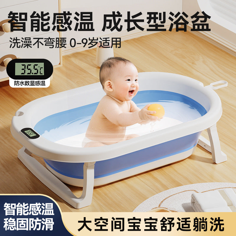 Newborn baby foldable bathtub with temperature-sensitive silicone plug, easy grip handles, and large capacity for baby bathing
