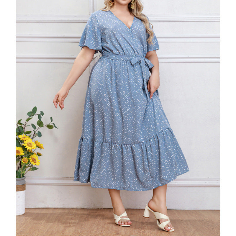 plus size cross-border new arrival:  women's original elegant v-neck ruffle trim polka dot dress