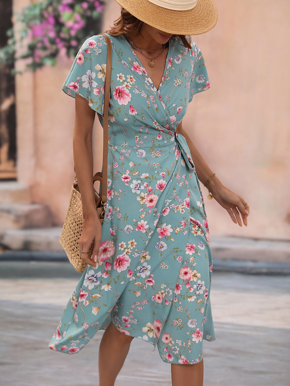 New arrival  fashion cross-border women's dress v neck waist printing summer skirt