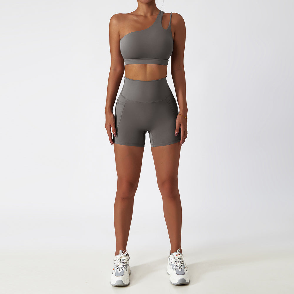 breathable quick-drying tight-fitting yoga clothes flap pocket pants running sports suit diagonal shoulder naked fitness suit6425