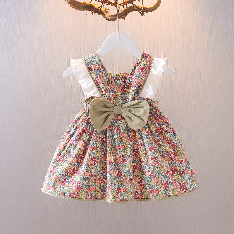 summer new arrival: girls' floral cotton dress with back bow and lace trim, featuring lace sleeves