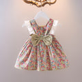summer new arrival: girls' floral cotton dress with back bow and lace trim, featuring lace sleeves