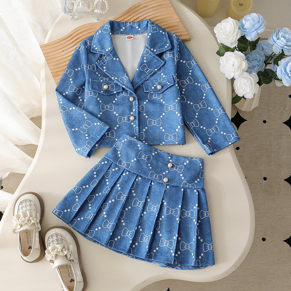 girls' fashion denim-style printed set with turn-down collar + pleated skirt top set