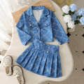 girls' fashion denim-style printed set with turn-down collar + pleated skirt top set