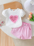 cross-border girls' fresh & sweet mesh print crewneck top + casual shorts set - toddler outfit