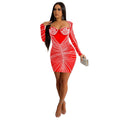 C6700 cross-border   fashion women's solid color mesh rhinestone long sleeve mini dress