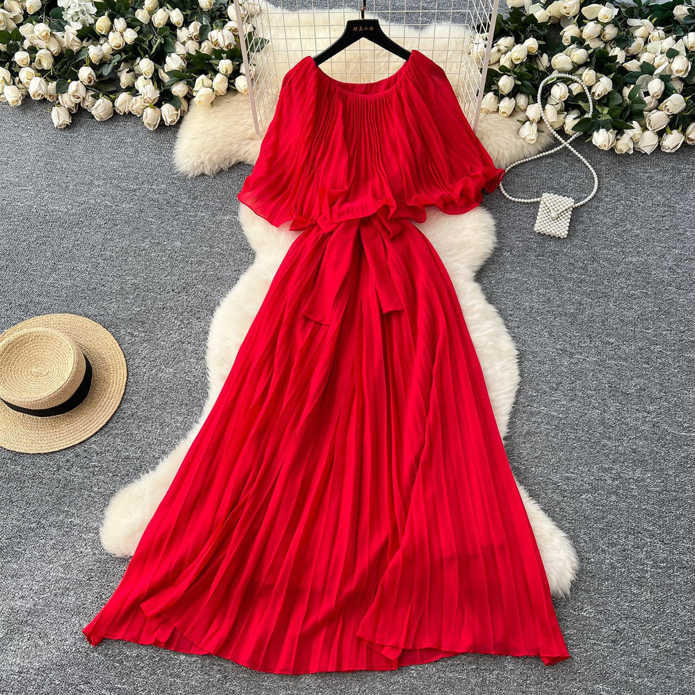 European and american fashion dress - women's french design with shawl sleeves, tie waist, elegant drape, pleated chiffon maxi dress