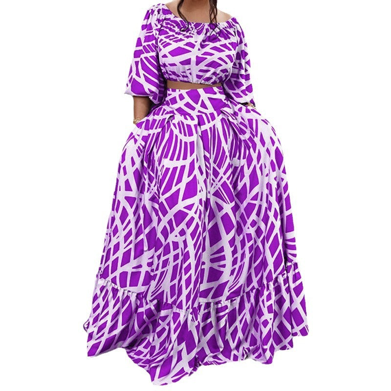 2025 spring amazon plus size women's elegant printed midi skirt fashion set