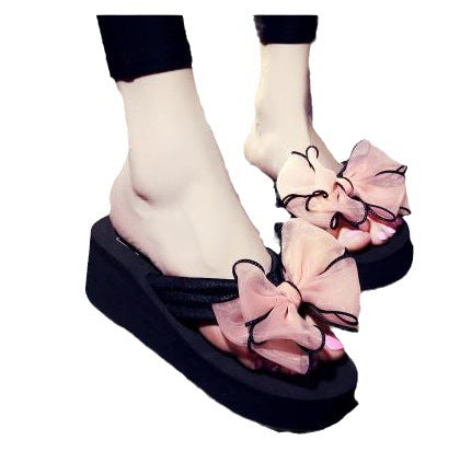 2023 floral women's beach sandals 7cm high heel fashion bow women's 11cm slippers flat comfort