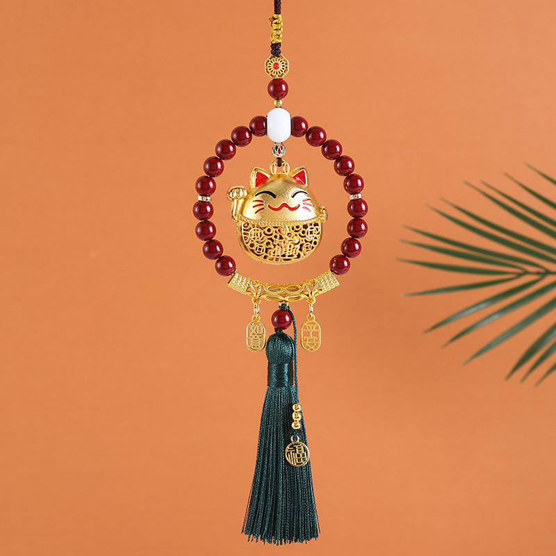 New vermilion ring bring in wealth and treasure cat ping an ruyi pendant car pendant rearview mirror creative cute car interior decoration