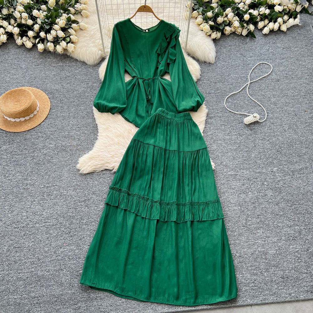European and american retro style mature woman's minimalist chic set - spring puff sleeve top + elastic waist slimming midi skirt