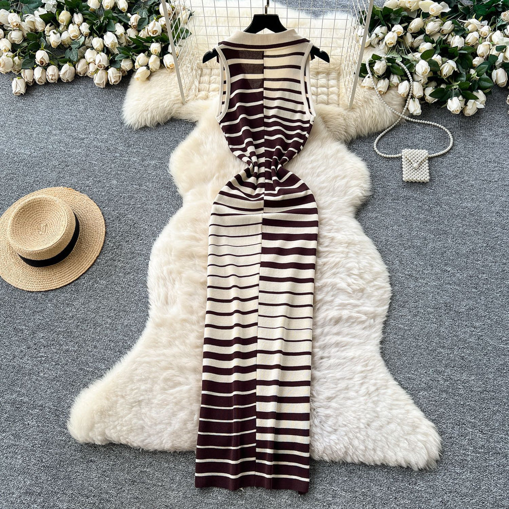 Summer dress: unique, high-end, sleeveless, slim-fit, color block striped knit dress with polo collar - bodycon maxi dress