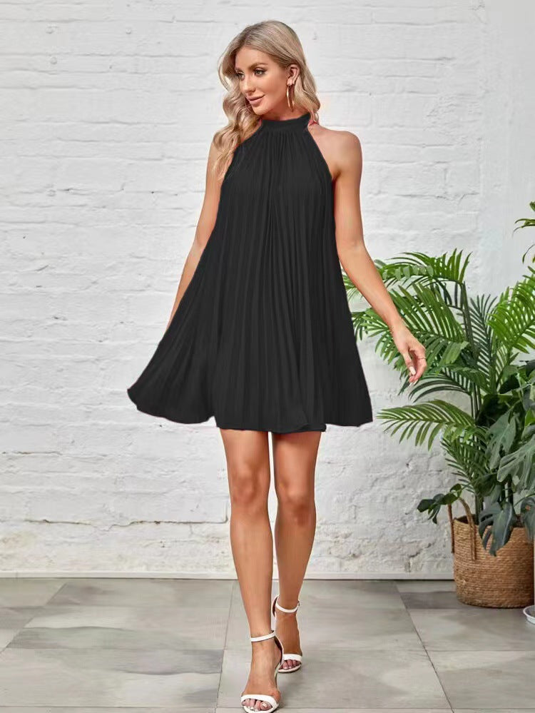 Amazon-chic, european and american style,  spring new arrival: solid color, off-the-shoulder, pleated, stand-up collar, tie-up, sleeveless dress