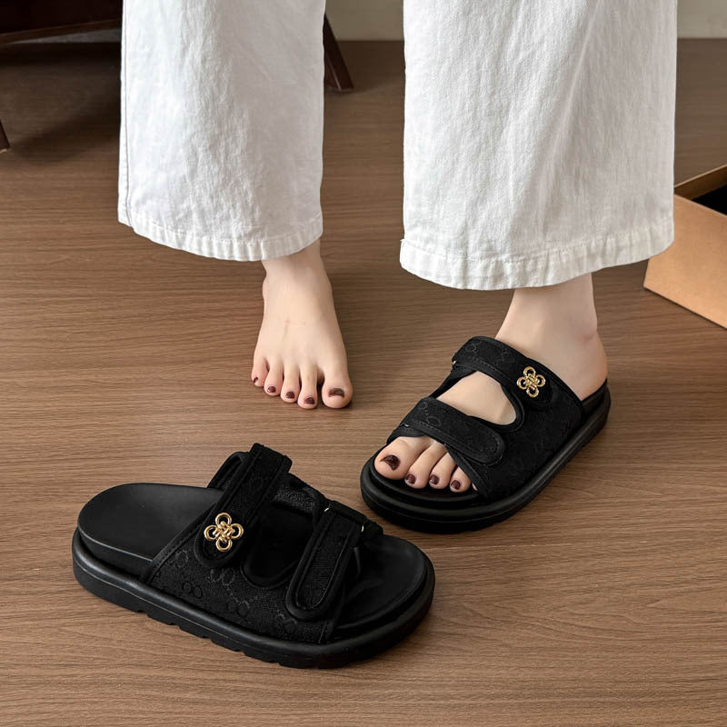 Plus size chunky platform sandals women's  summer denim outerwear velcro print beach flip-flops export