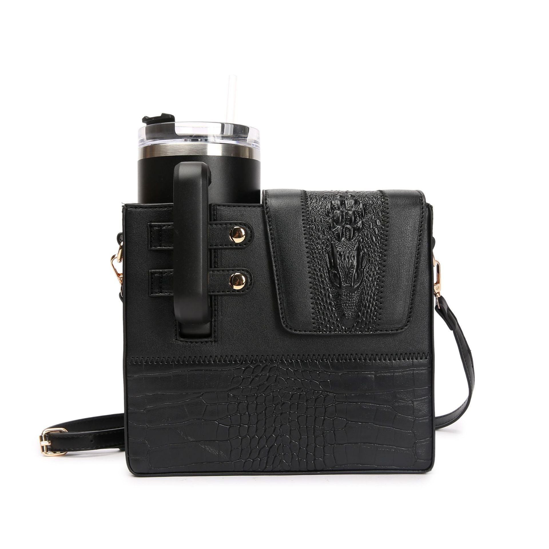 Cross-border hot-selling crocodile pattern messenger bag PU leather beverage water cup bag light luxury portable travel bag universal thermos cup bag