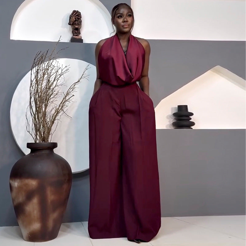 European and american women's clothing  autumn new collection: sweet and fresh halter neck turtleneck blouse with high-waisted straight-leg pants two-piece set