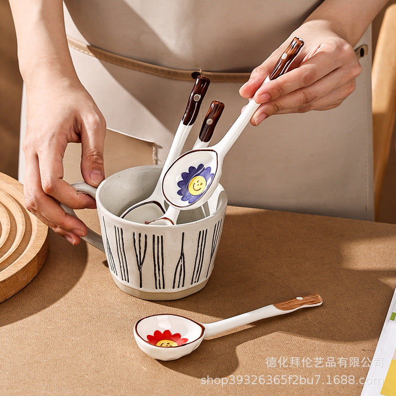 Japanese ceramic long-handled spoon - hand-painted cute creative cartoon dessert spoon - household ramen spoon - soup spoon