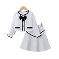 autumn/winter girls' chanel-inspired outfit: pink and white bowknot round neck jacket & mini skirt two-piece set
