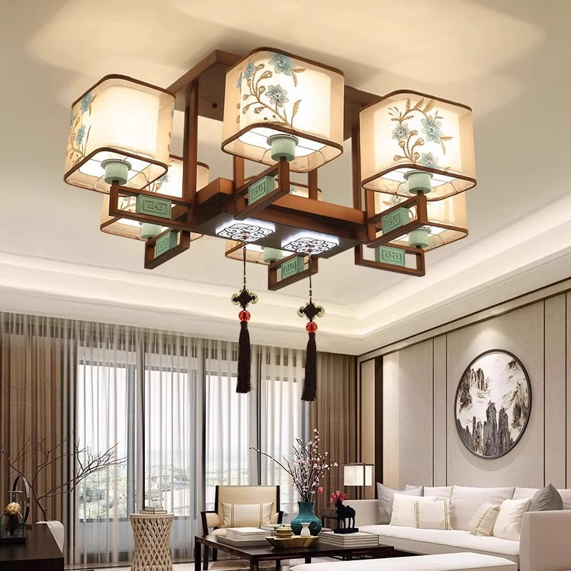 New Chinese style bedroom living room ceiling lamp Chinese style atmosphere Zen dining room box tea room embroidery fabric chandelier