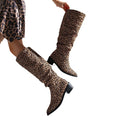 Export women's boots square toe thick heel high heel leopard print boots women's knee high boots over the knee women's boots fashioneasiest for match
